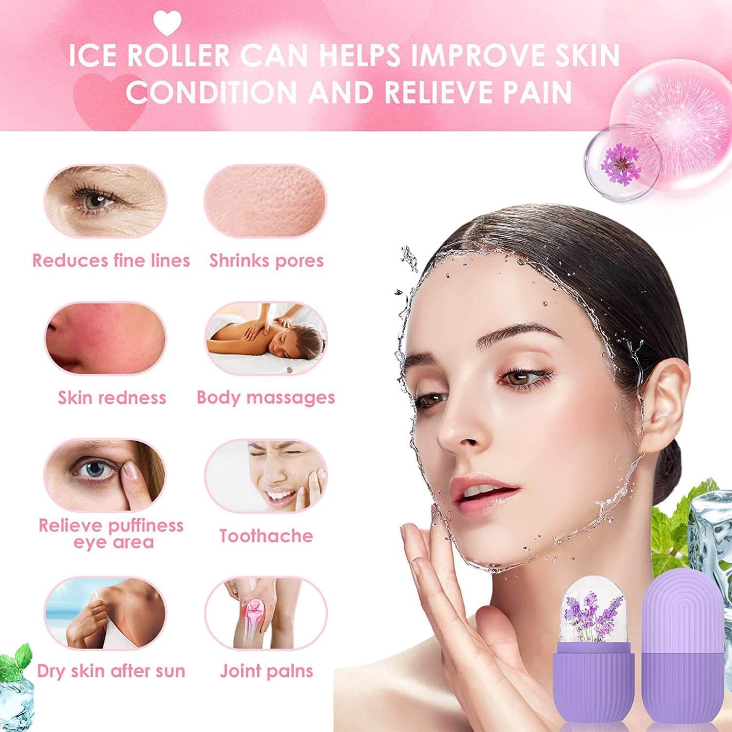 Silicone Ice Roller Facial Massage for Cryotherapy - Beauty Skin Care Massage for Collagen Regrowth & Skin Strengthening
